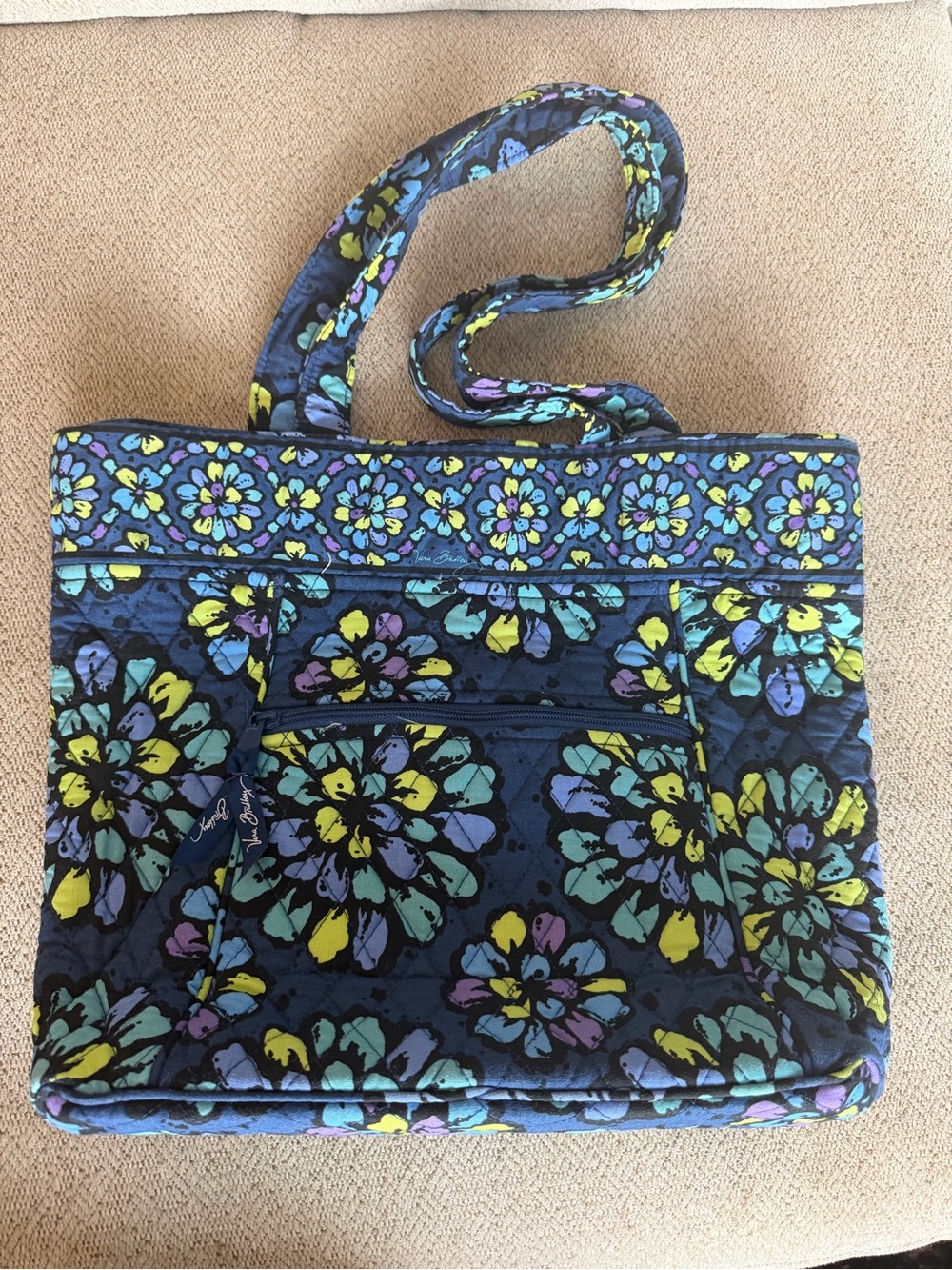 Vera Bradley Ellie Flowers Villager Tote Bag Quilted Blue Purple Floral Purse - Picture 1 of 5